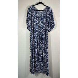 Old Navy Dress Women 3X Blue Maxi Ditsy Micro Floral Tiered Boho Cottage Peasant